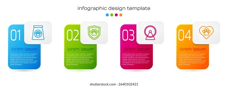 Set line Bag of food for pet, Animal health insurance, Hamster wheel and Heart with animals footprint. Business infographic template. Vector