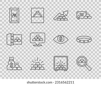 Set line Bag of gold bars, Gold, Growth arrow with, 24k, Safe and ring icon. Vector