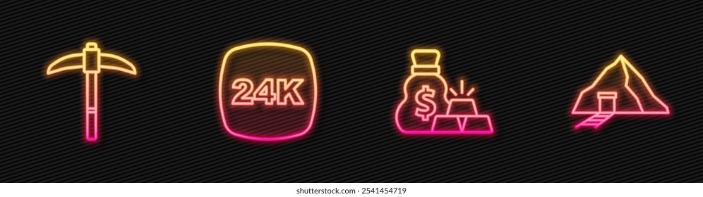 Set line Bag of gold bars, Pickaxe, Gold 24k and mine. Glowing neon icon. Vector