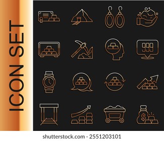 Set line Bag of gold bars, Growth arrow with, Gold 24k, Earrings, mining, Safe, certificate and  icon. Vector