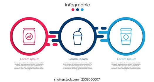 Definir linha Bolsa ou pacote batatas fritas, Milkshake e café xícara ir. Modelo de infográfico comercial. Vetor