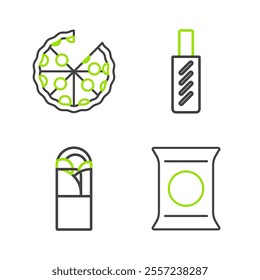 Set line Bag or packet potato chips, Doner kebab, Hotdog sandwich and Pizza icon. Vector