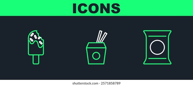 Set line Bag or packet potato chips, Ice cream and Asian noodles and chopsticks icon. Vector