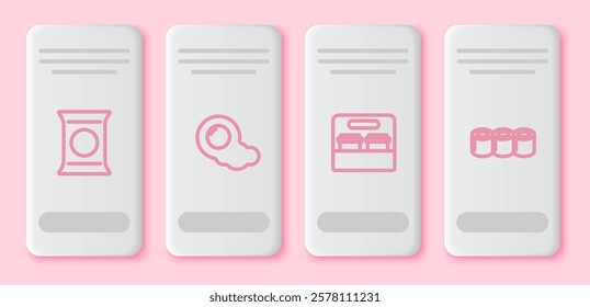 Set line Bag or packet potato chips, Scrambled eggs, Coffee cup go and Sushi. White rectangle button. Vector