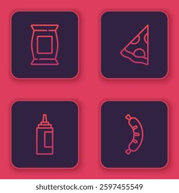 Set line Bag or packet potato chips, Sauce bottle, Slice of pizza and Hotdog. Blue square button. Vector