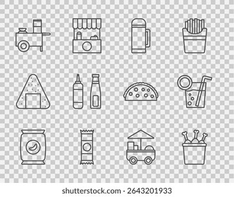Set line Bag or packet potato chips, Chicken leg in package box, Thermos container, Chocolate bar, Fast street food cart, Sauce bottle,  and Cocktail icon. Vector