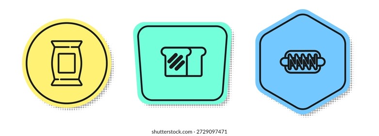 Set line Bolsa o paquete de patatas fritas, pan tostado y sándwich de perrito caliente. Formas de colores. Vector
