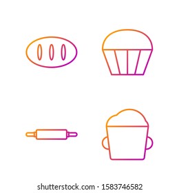 Set line Bakery bowl dough , Rolling pin , Bread loaf  and Muffin . Gradient color icons. Vector