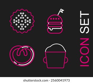 Set line Bakery bowl dough, Pretzel, Burger and Cracker biscuit icon. Vector