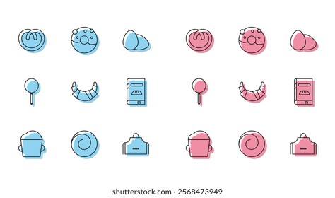 Set line Bakery bowl dough, Roll bun with cinnamon, Pretzel, Kitchen apron, Croissant, Cookbook, Frying pan and Donut sweet glaze icon. Vector