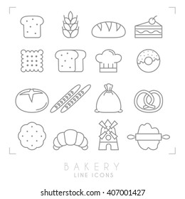 Set of line bakery icons. Flat style. Bread slice, wheat, bun, cake with cherry, biscuit, chef heat, donut, baguette, flour sack, pretzel, croissant, wind mill, pastry and rolling-pin