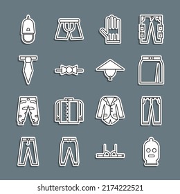 Set line Balaclava, Pants, Skirt, Leather glove, Bow tie, Tie, Police cap with cockade and Asian conical hat icon. Vector