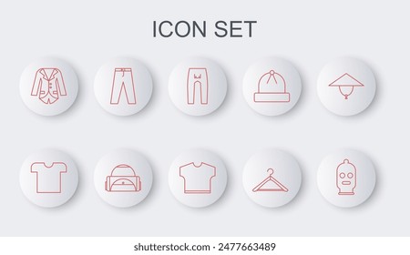 Set line Balaclava, T-shirt, Pants, Hanger wardrobe, Blazer or jacket, Sport bag and  icon. Vector