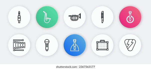 Set line Balalaika, Banjo, Xylophone, Guitar amplifier, Flute, Trumpet, pick and Microphone icon. Vector