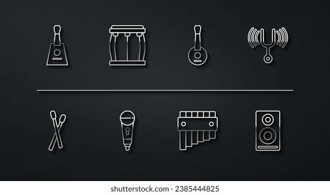 Set line Balalaika, Drum sticks, Musical tuning fork, Pan flute, Microphone, Stereo speaker and Banjo icon. Vector