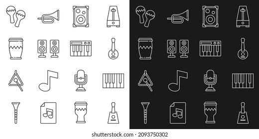 Set line Balalaika, Grand piano, Banjo, Stereo speaker, Drum, Maracas and Music synthesizer icon. Vector