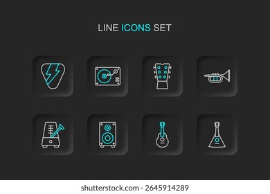 Set line Balalaika, Guitar, Stereo speaker, Metronome with pendulum, Trumpet, neck, Vinyl player vinyl disk and pick icon. Vector