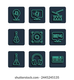 Set line Balalaika, Headphones, Music synthesizer, Drum with drum sticks, Stereo speaker, Guitar, Location musical note and MP4 file document icon. Vector