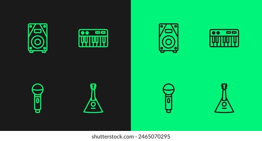 Set line Balalaika, Microphone, Stereo speaker and Music synthesizer icon. Vector