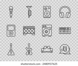 Set line Balalaika, Music note, tone, Stereo speaker, Electric bass guitar, Microphone, Guitar amplifier, Tambourine and synthesizer icon. Vector