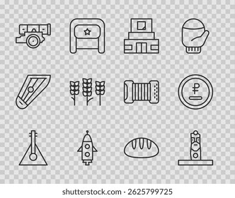 Fije la línea Balalaika, ídolo pagano eslavo, mausoleo de Lenin, nave cohete, cañón, trigo, pan y rublo, icono de moneda de rublo. Vector