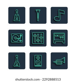 Set line Balalaika, Stereo speaker, Trumpet, Music note, tone, Sound mixer controller, Vinyl player with vinyl disk,  and Guitar amplifier icon. Vector