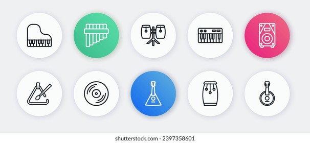 Set line Balalaika, Stereo speaker, Triangle musical instrument, Conga drums, Music synthesizer, Banjo and Vinyl disk icon. Vector
