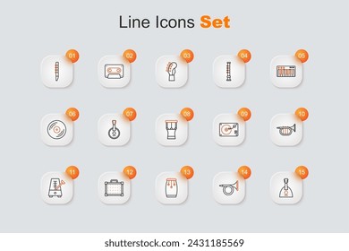 Set line Balalaika, Trumpet, Conga drums, Guitar amplifier, Metronome with pendulum, Vinyl player vinyl disk and African percussion icon. Vector