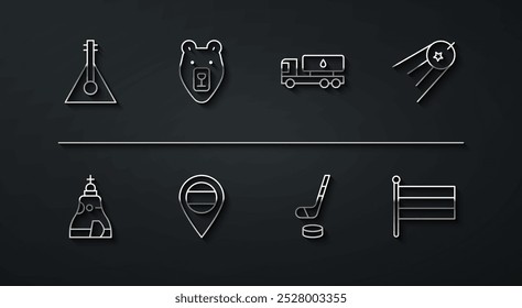 Set line Balalaika, The Tsar bell, Satellite, Ice hockey stick and puck, Location Russia, Bear head, National flag and Tanker truck icon. Vector