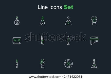 Set line Balalaika, Vinyl disk, Guitar neck, Audio jack, Pan flute, Flute, Keytar and Retro audio cassette tape icon. Vector