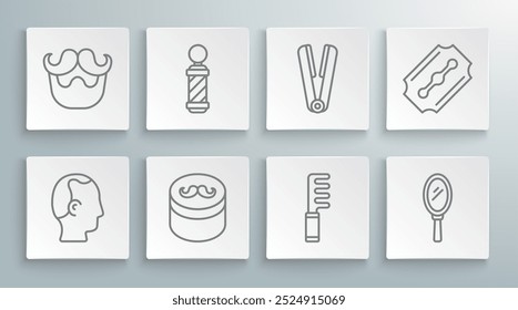 Set line Baldness, Classic Barber shop pole, Gel or wax for hair styling, Hairbrush, Hand mirror, Curling iron, Blade razor and Mustache beard icon. Vector