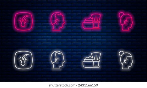 Set line Baldness, Shaving brush with foam, Broken hair follicle and Hairstyle for men. Glowing neon icon on brick wall. Vector