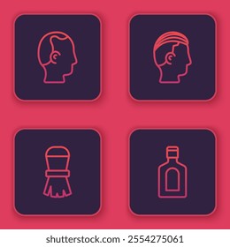 Set line Baldness, Shaving brush, Hairstyle for men and Bottle of shampoo. Blue square button. Vector