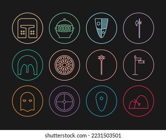 Set line Bale of hay and rake, Medieval flag, Shield, Old wooden wheel, iron helmet, chained mace ball and  icon. Vector