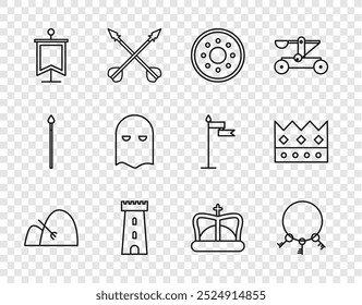 Set line Bale of hay and rake, Old keys, Round wooden shield, Castle tower, Medieval flag, Executioner mask, King crown and  icon. Vector