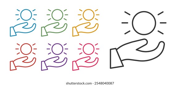 Set line Ball levitating above hand icon isolated on white background. Levitation symbol. Set icons colorful. Vector