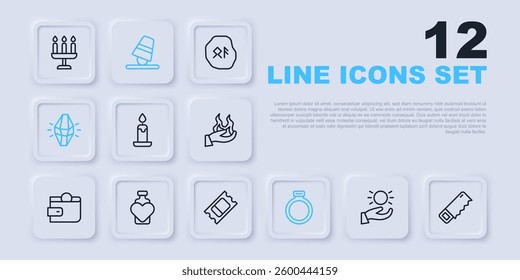 Set line Ball levitating above hand, Hand saw, Burning candle, Magic stone ring, Bottle with love potion, Game thimbles and Circus ticket icon. Vector