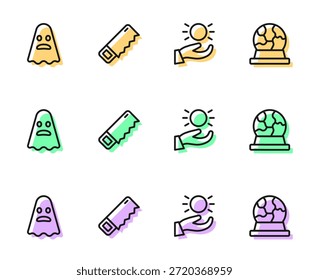 Set line Ball levitating above hand, Ghost, Hand saw and Magic ball icon. Vector