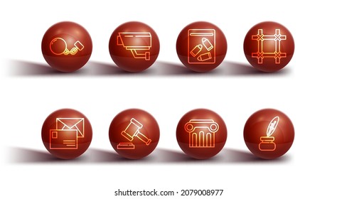 Set line Ball on chain, Envelope, Prison window, Law pillar, Judge gavel, Security camera, Feather and inkwell and Evidence bag bullet icon. Vector
