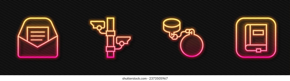 Set line Ball on chain, Mail and e-mail, Security camera and Law book. Glowing neon icon. Vector