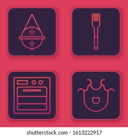 Set line Ball tea strainer, Oven, Fork and Kitchen apron. Blue square button. Vector