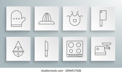 Set line Ball tea strainer, Citrus fruit juicer, Knife, Gas stove, Kitchen meat grinder, apron, Meat chopper and Oven glove icon. Vector