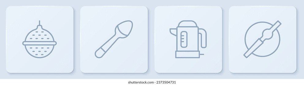 Set line Ball tea strainer, Electric kettle, Teaspoon and Cigarette. White square button. Vector