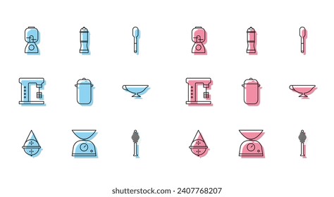 Set line Ball tea strainer, Scales, Blender, Honey dipper stick, Cooking pot, Sauce boat, Electric mixer and Pepper icon. Vector