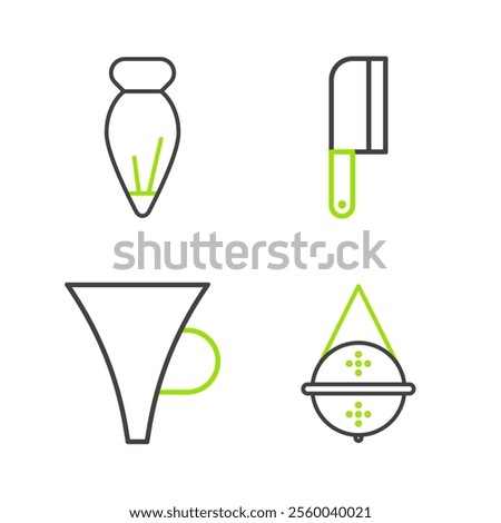 Set line Ball tea strainer, Funnel or filter, Meat chopper and Pastry bag for decorate cakes icon. Vector