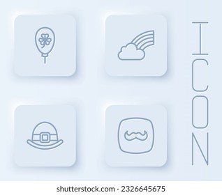 Set line Balloon with clover trefoil leaf, Rainbow cloud, Leprechaun hat and Mustache. White square button. Vector