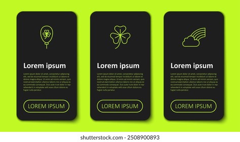 Set line Balloon with clover trefoil leaf, Clover and Rainbow cloud. Business infographic template. Vector