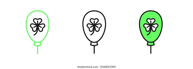 Set line Balloon with clover trefoil leaf icon isolated on white background. Happy Saint Patricks day. National Irish holiday.  Vector