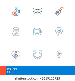 Set line Balloon with clover trefoil leaf, Horseshoe, Heart, Clover, Pot of gold coins, Wooden barrel rack, tag and Carnival garland flags icon. Vector