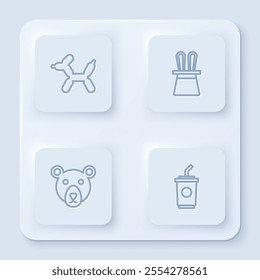 Set line Balloon dog, Magician hat and rabbit ears, Bear head and Paper glass with water. White square button. Vector